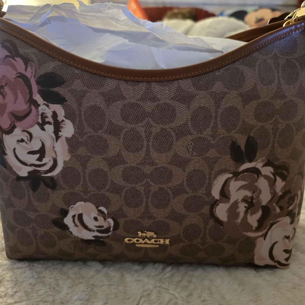 Coach Brown and Pink Floral Shoulder Bag
